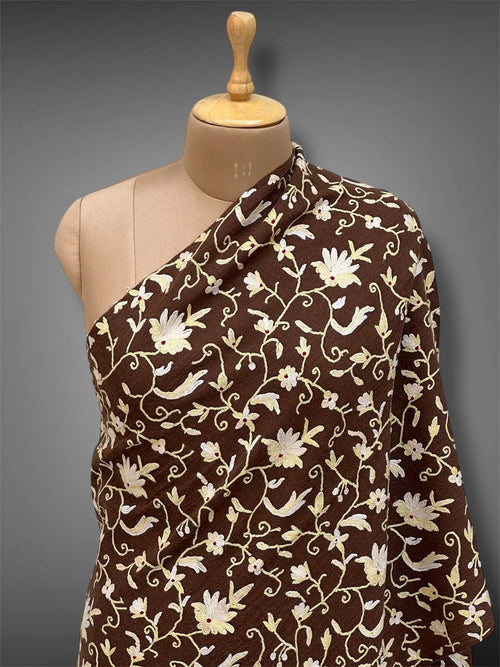 aari pashmina Kashmiri cocoa brown stole,  front close up