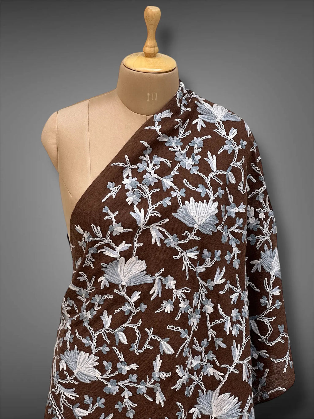 pashmina kashmiri dark brown stole,  front close up