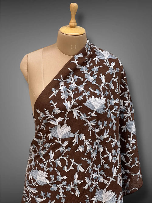 pashmina kashmiri dark brown stole,  front close up