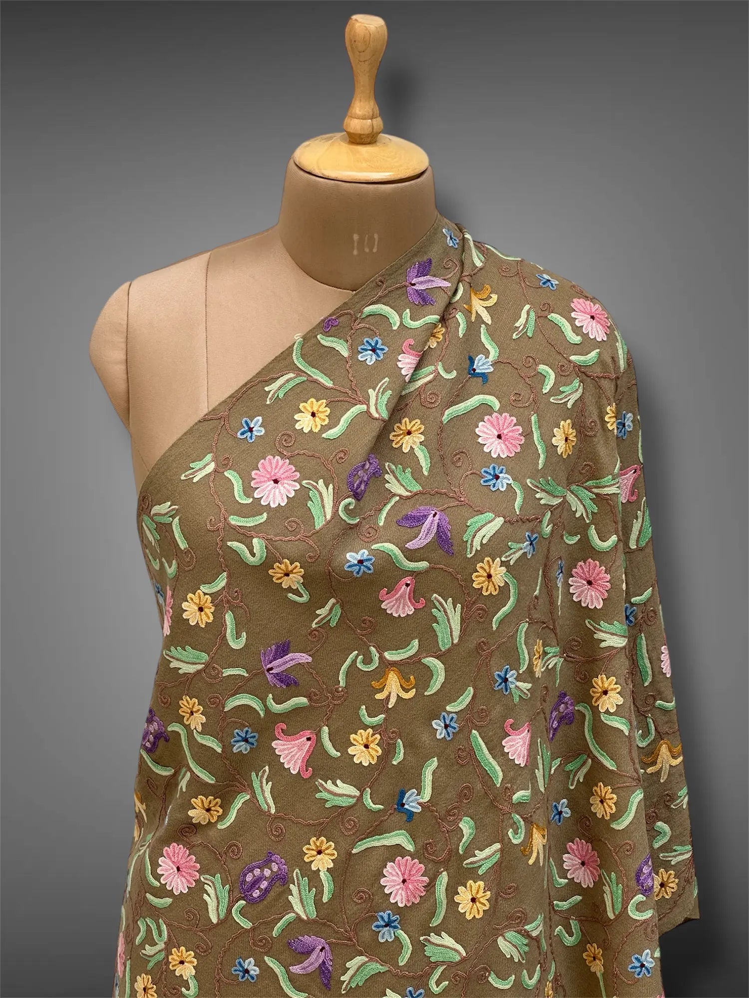 Aari pashmina Kashmiri olive brown stole,  front close up