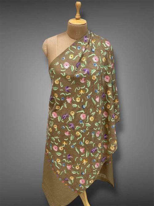 pashmina kashmiri olive brown stole,  front full