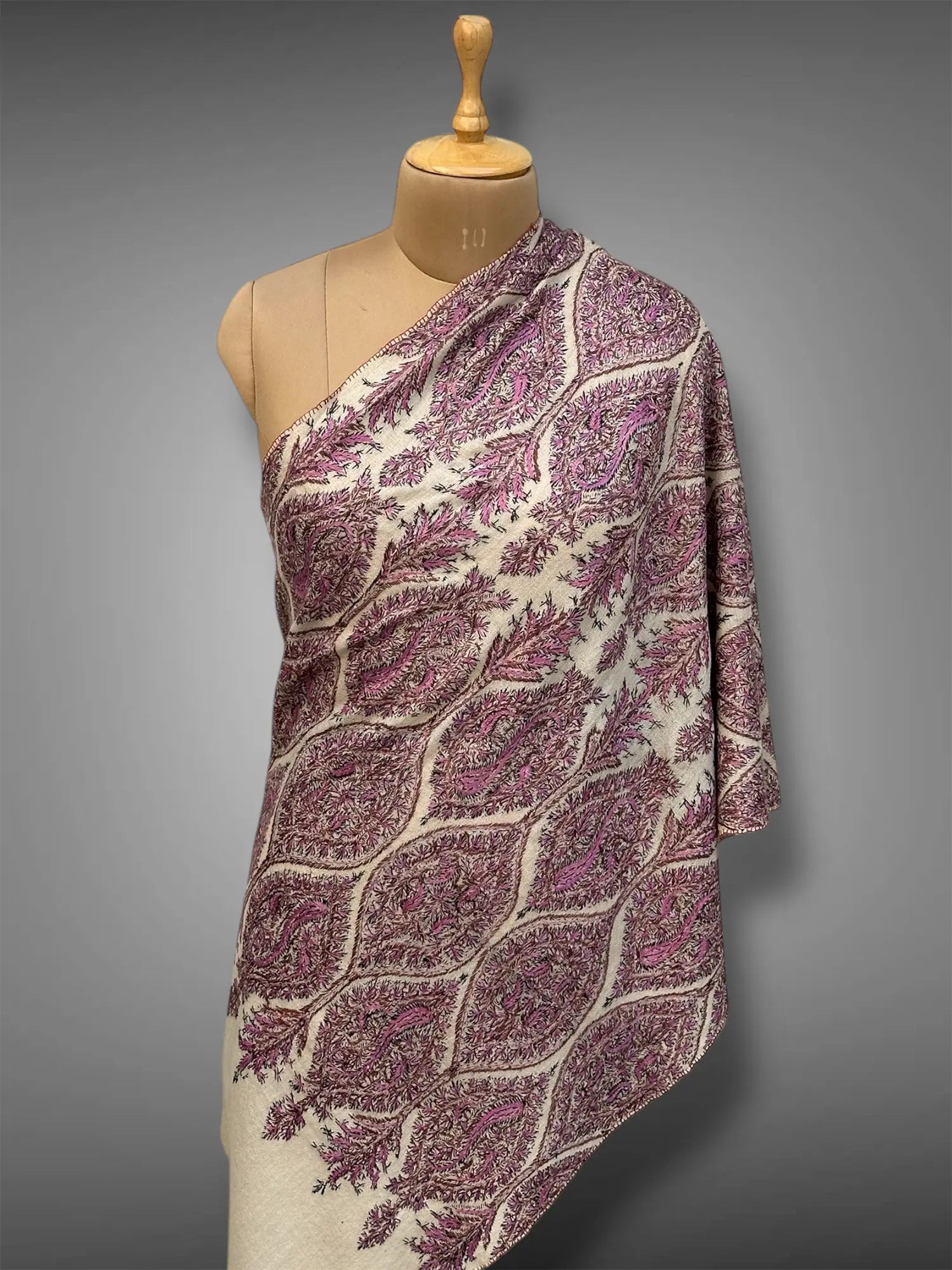 aksi Jama pashmina kashmiri off white stole,  front full 1