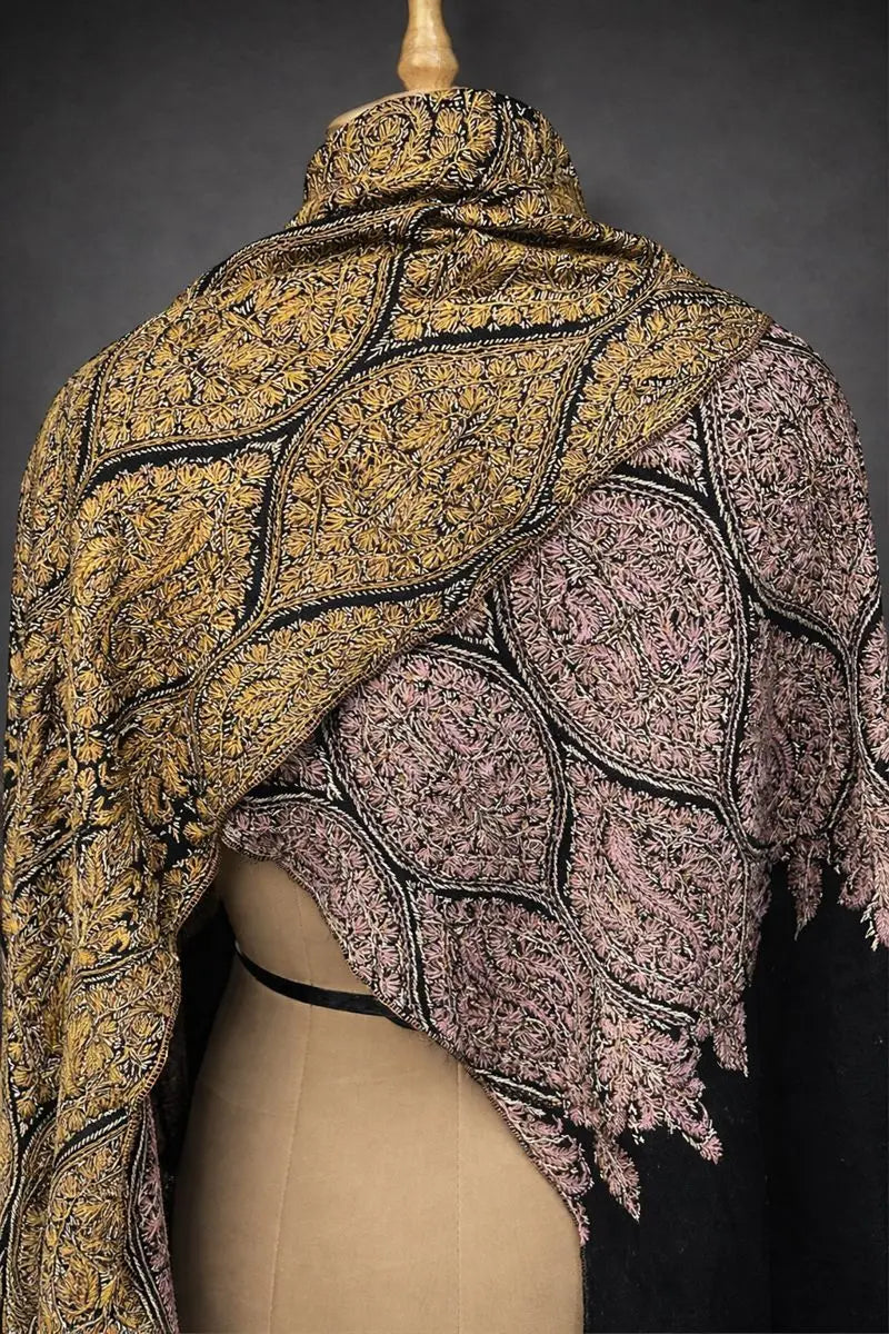 aksi Jama pashmina kashmiri rich black stole,  both side close up