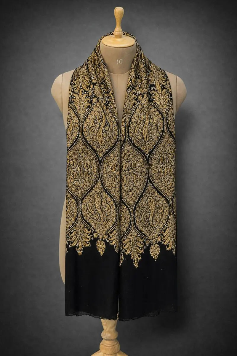 aksi Jama pashmina kashmiri rich black stole,  front full