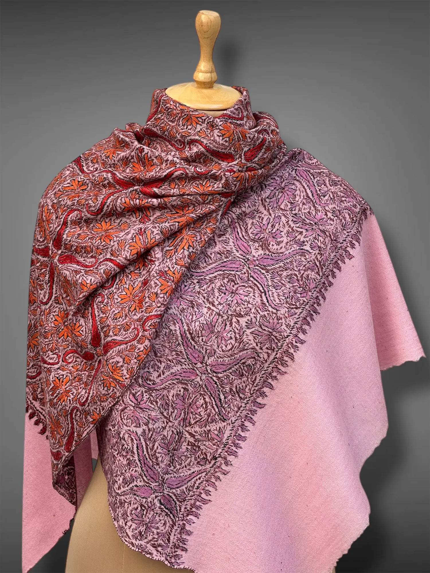 aksi Jama pashmina kashmiri royal pink stole,  both side close up