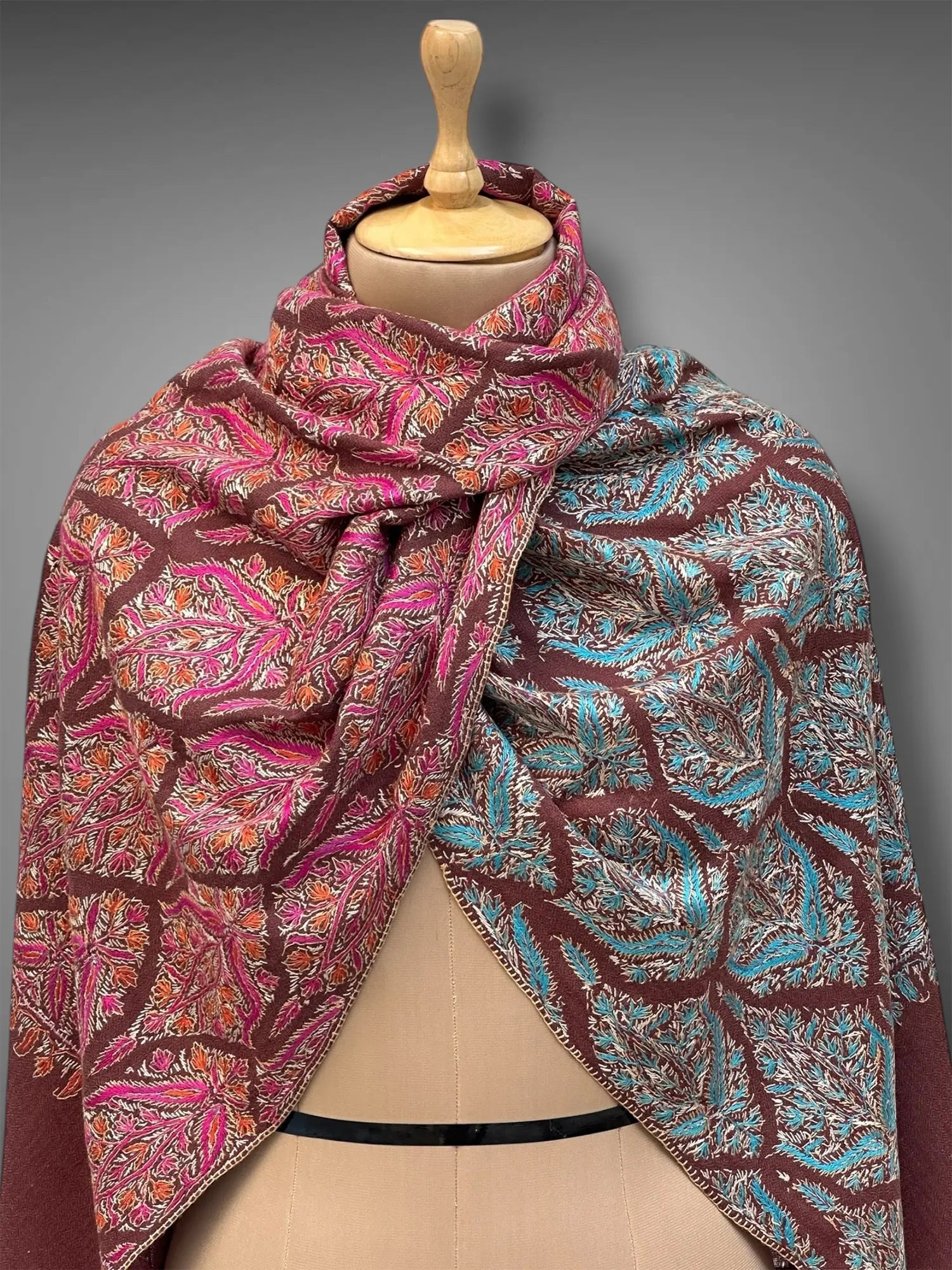 aksi Jama pashmina kashmiri wine brown stole,  both side close up