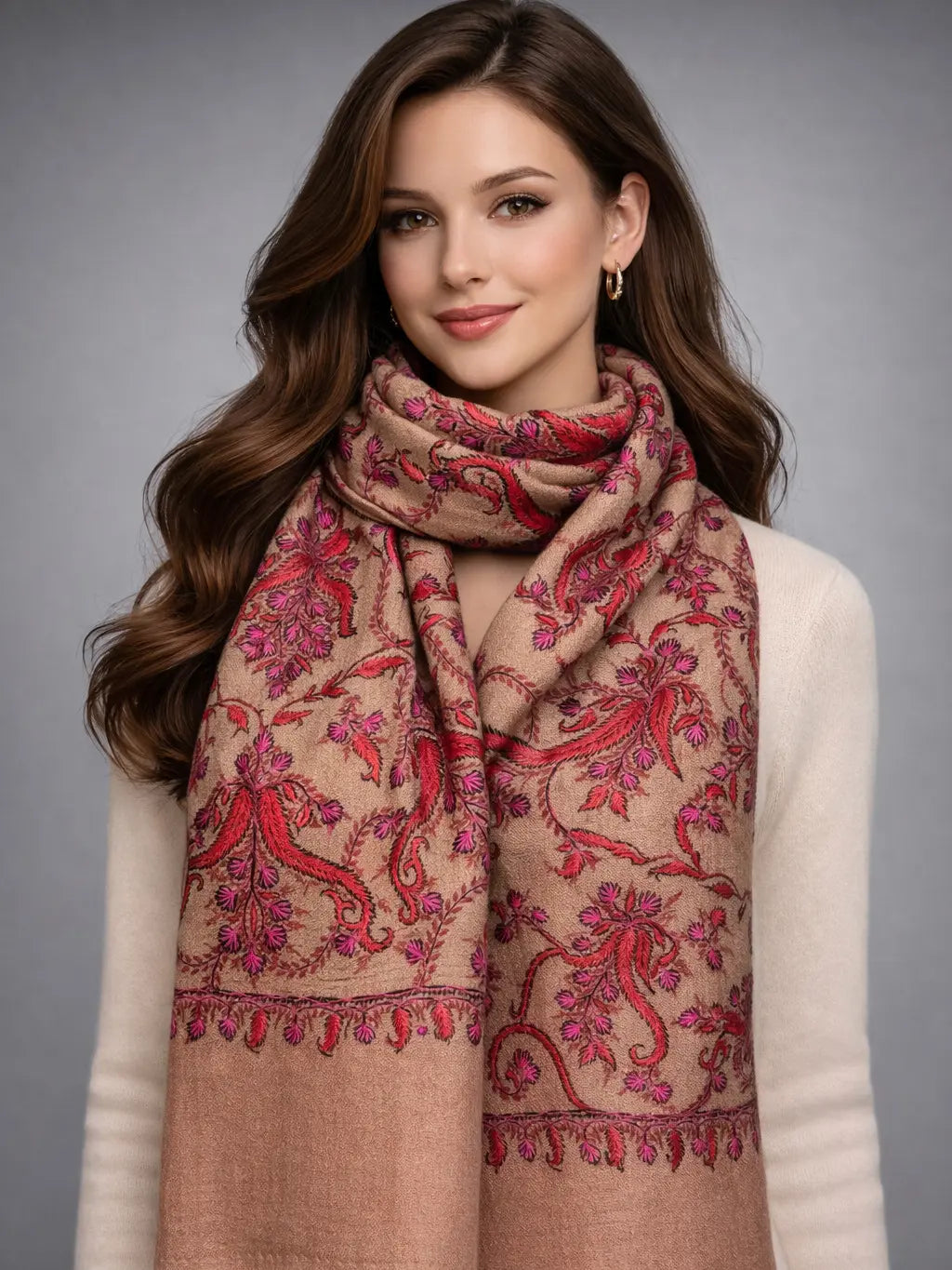 aksi pashmina kashmiri brown stole,  muffler back model pose