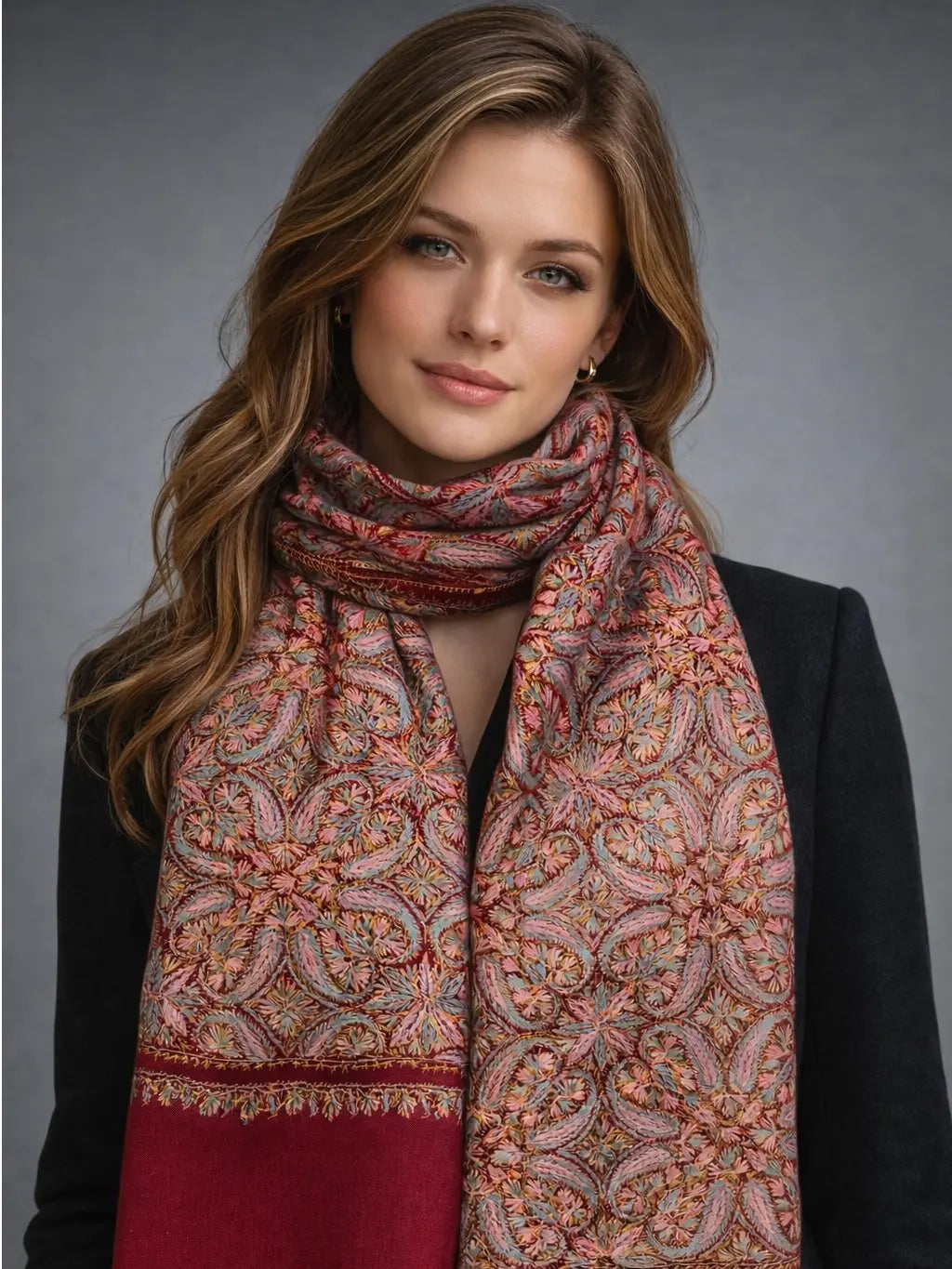 aksi pashmina kashmiri maroon stole,  muffler front model pose