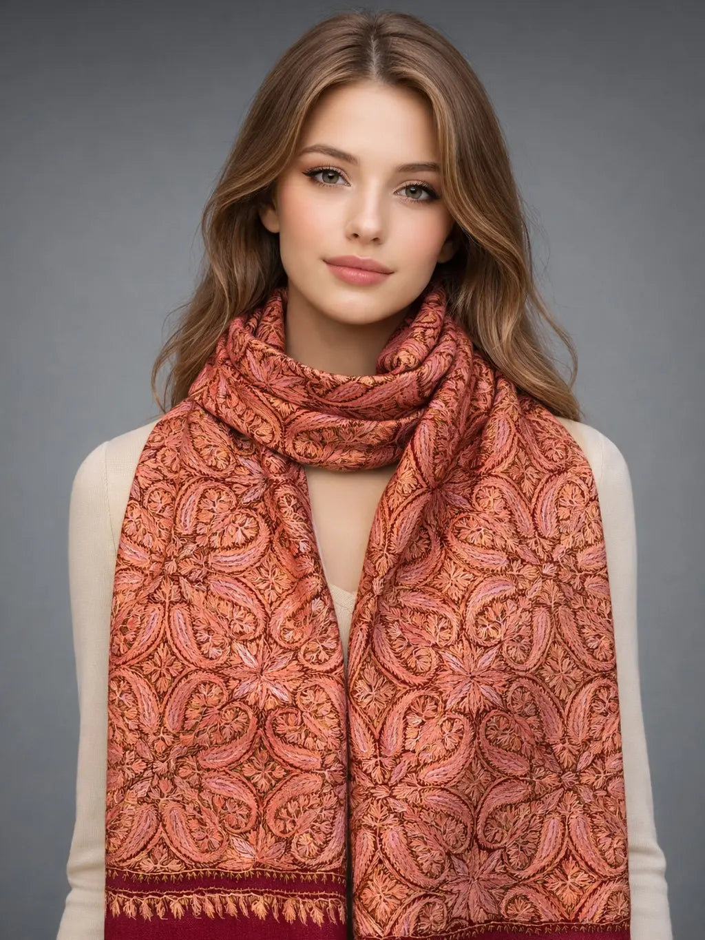 aksi pashmina kashmiri maroon stole,  muffler back model pose