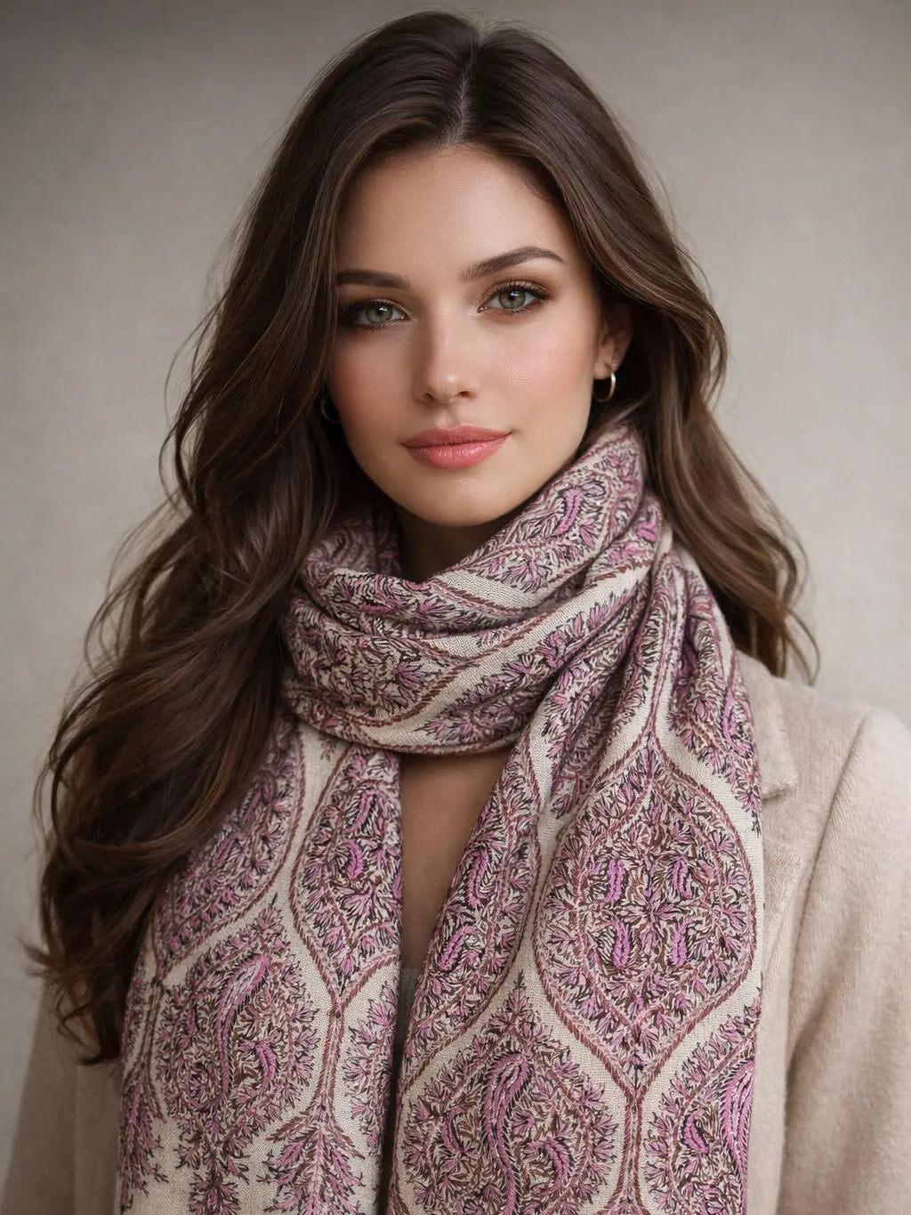 aksi pashmina shawl,  muffler back model pose