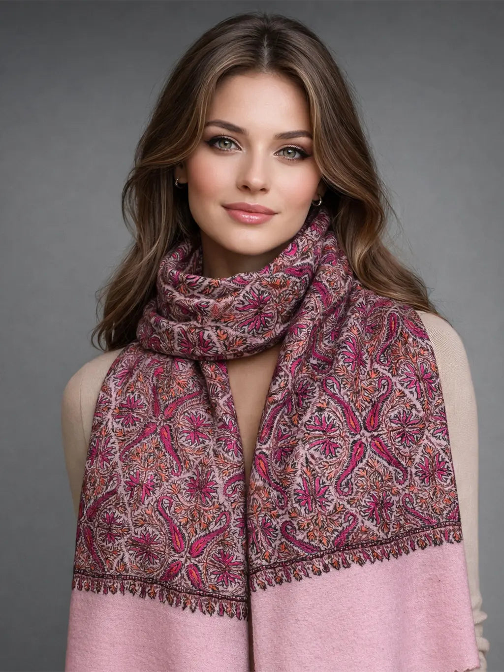 aksi pashmina kashmiri royal pink stole,  muffler front model pose