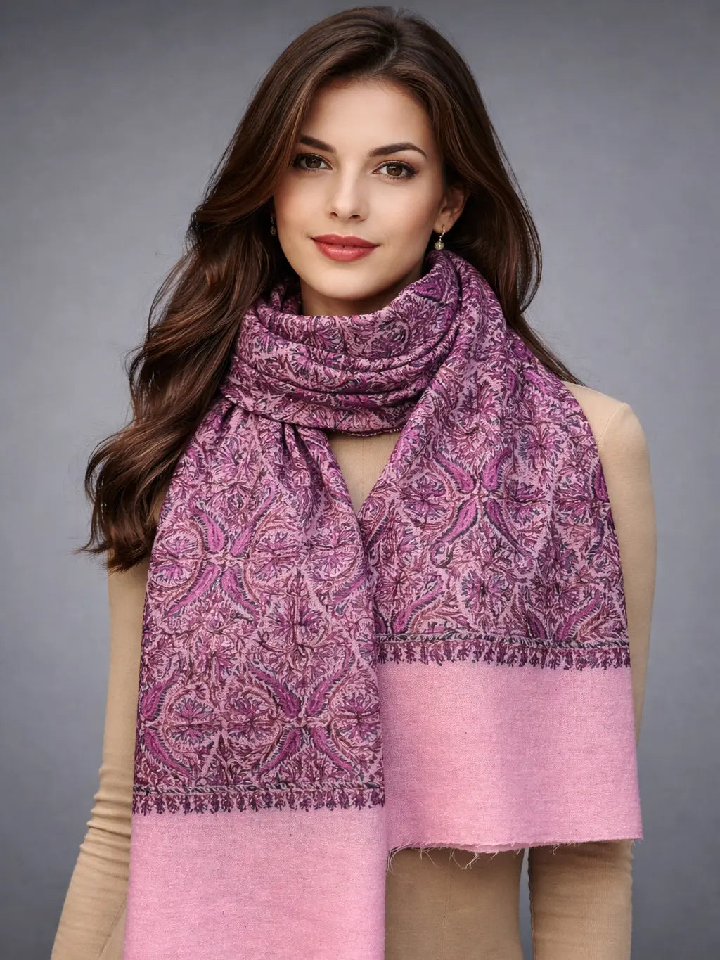 aksi pashmina kashmiri royal pink stole,  muffler back model pose