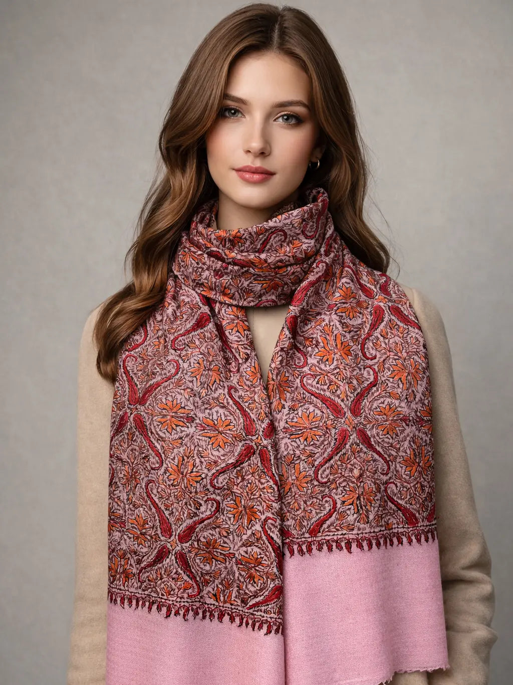 aksi pashmina kashmiri royal pink stole,  muffler model pose