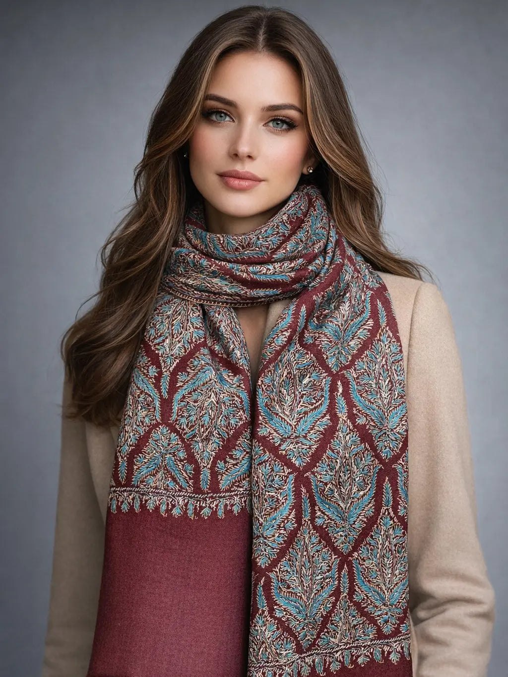 aksi wine brown pashmina shawl,  muffler front model pose