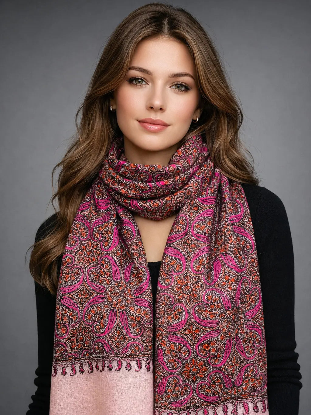 aksi pashmina kashmiri natural white stole,  muffler front model pose