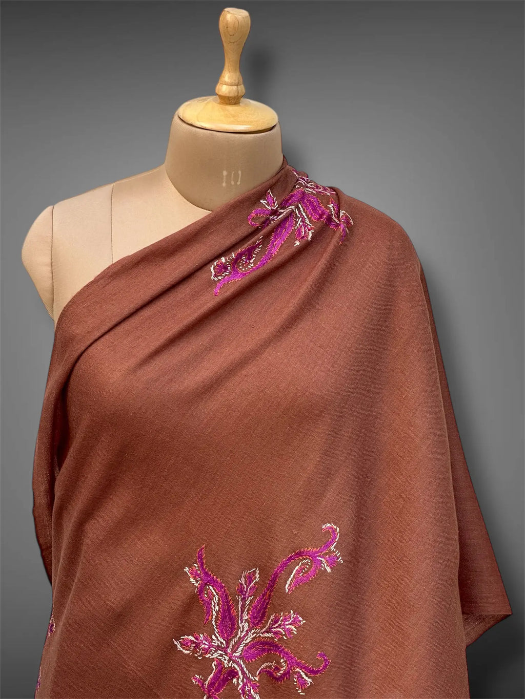 aksi pashmina kashmiri cocoa brown stole,  front close up 2