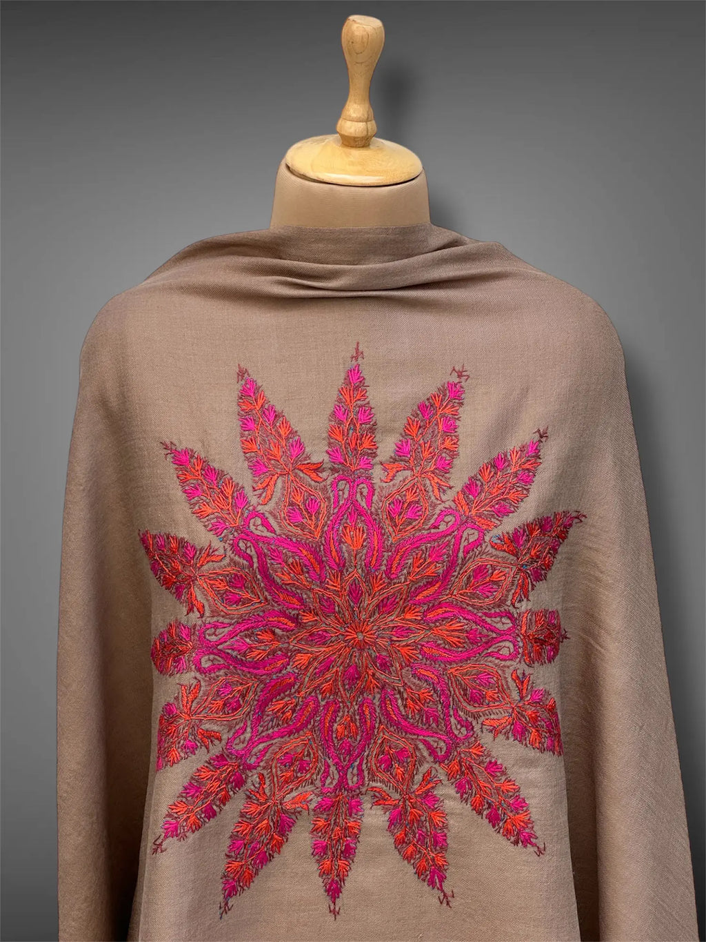 aksi pashmina kashmiri mud brown stole,  front close up