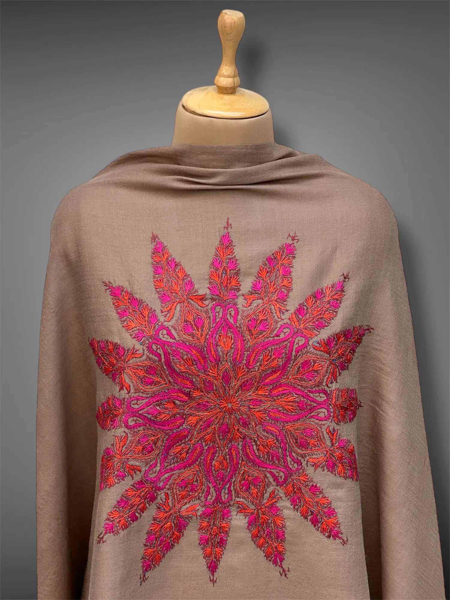 aksi pashmina kashmiri mud brown stole,  front close up