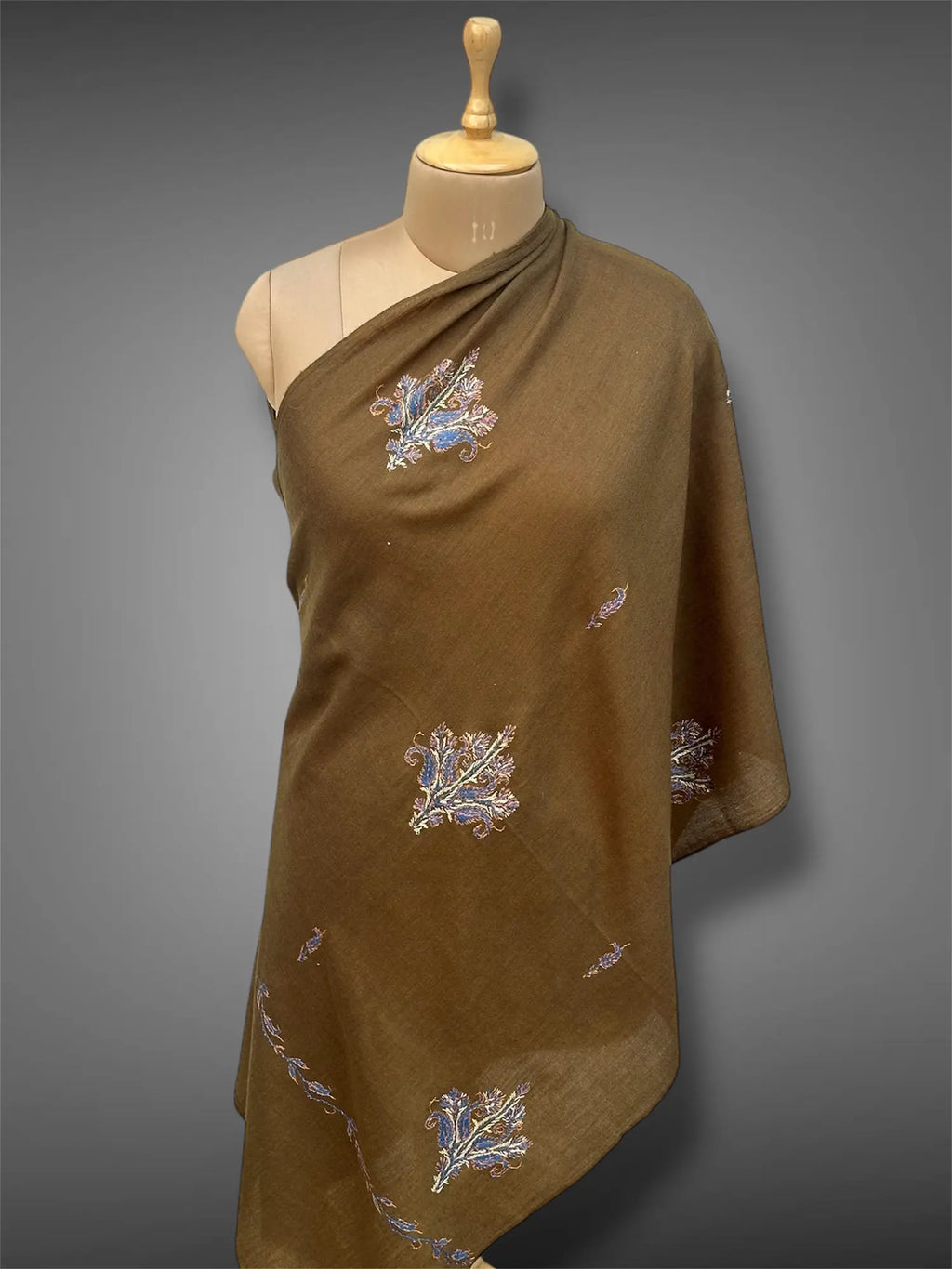 aksi pashmina kashmiri olive brown stole,  front full 2