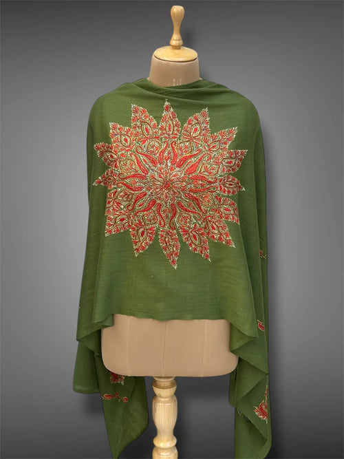 aksi pashmina kashmiri olive green stole,  front full