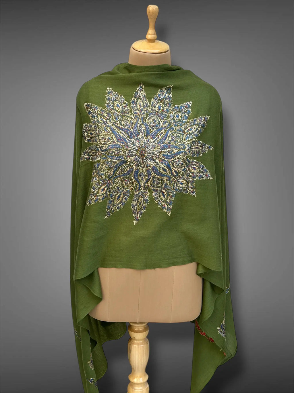 aksi pashmina kashmiri olive green stole,  front full 2