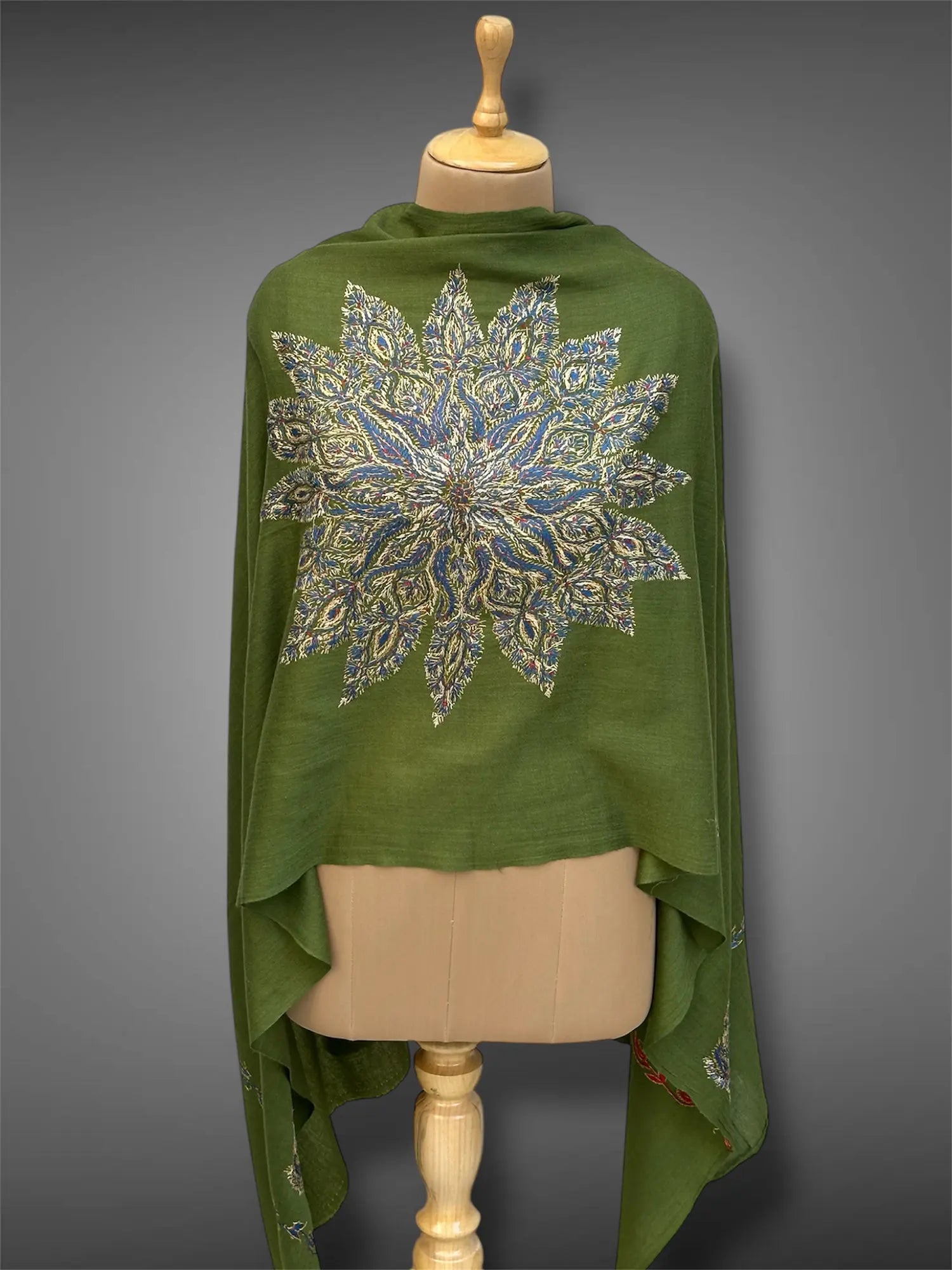 aksi pashmina kashmiri olive green stole,  front full 2