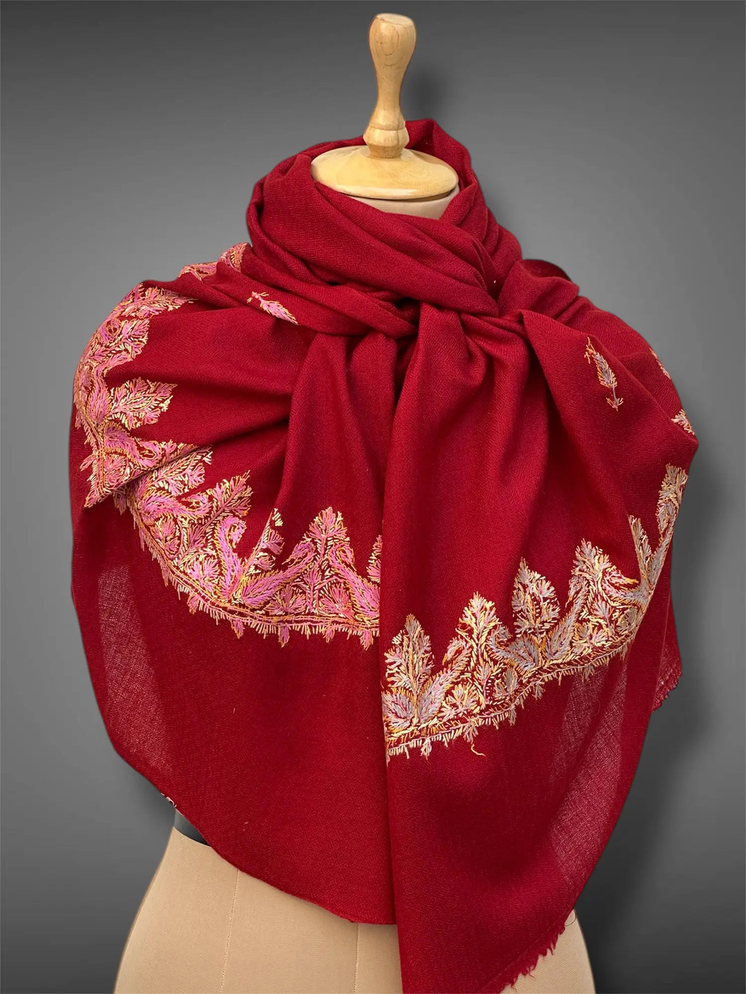 aksi pashmina kashmiri rich red stole,  front close up