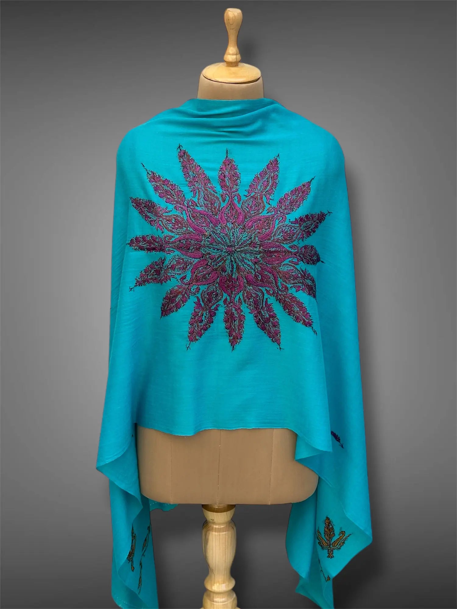 aksi pashmina kashmiri turquoise stole,  front full 2