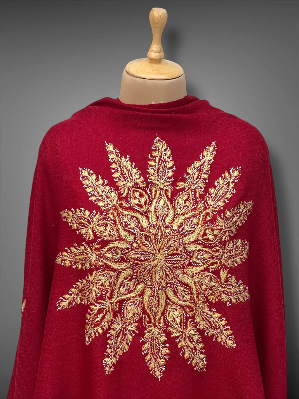 aksi pashmina kashmiri royal red stole,  front close up