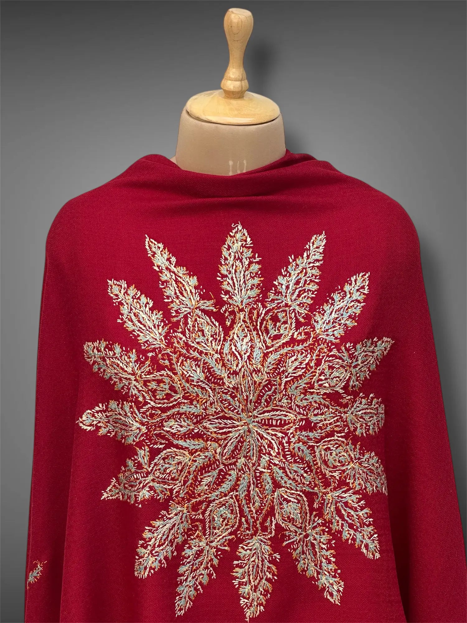 aksi pashmina kashmiri royal red stole,  front close up 2