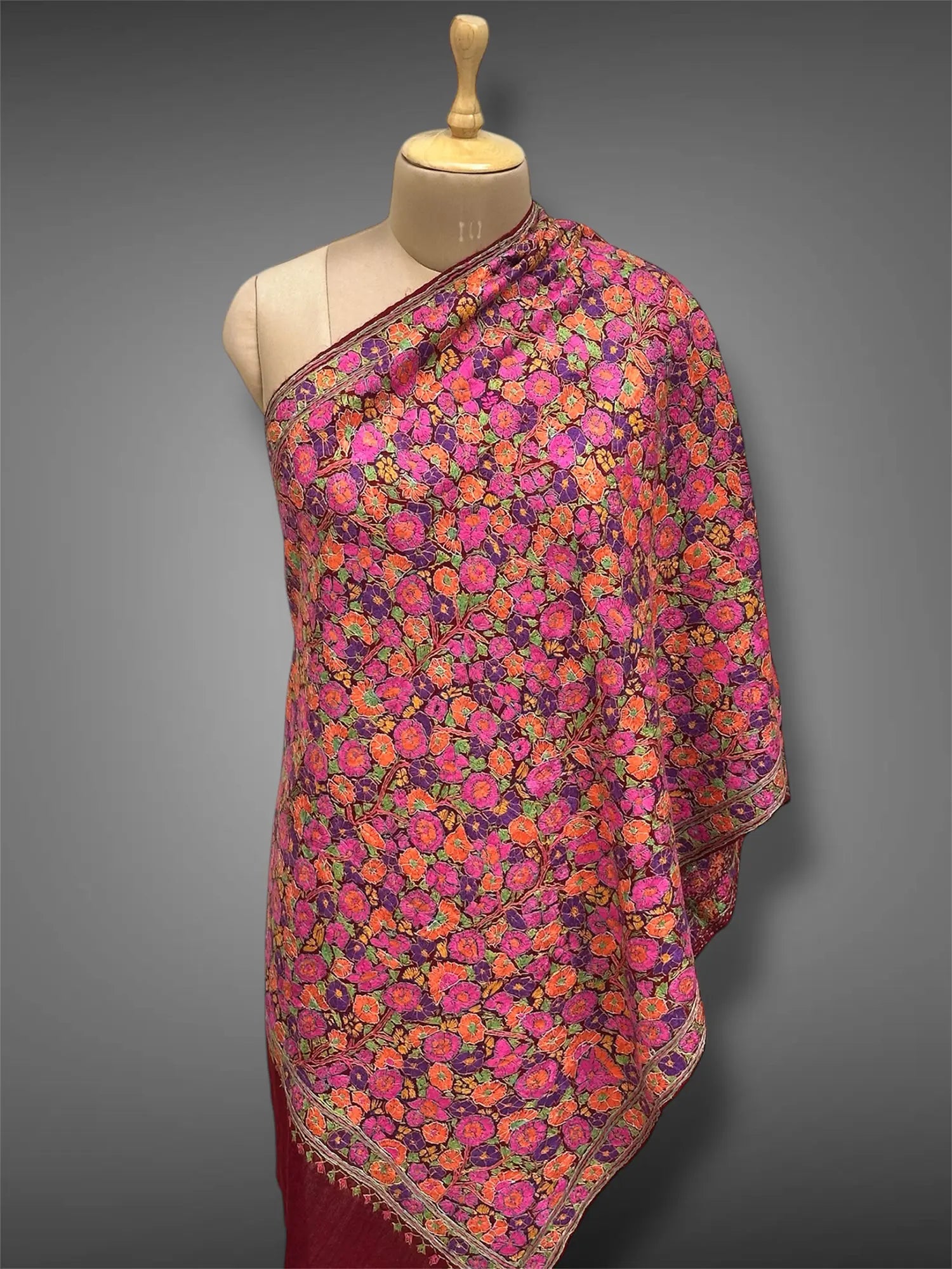 paper mache pashmina kashmiri maroon stole,  front full