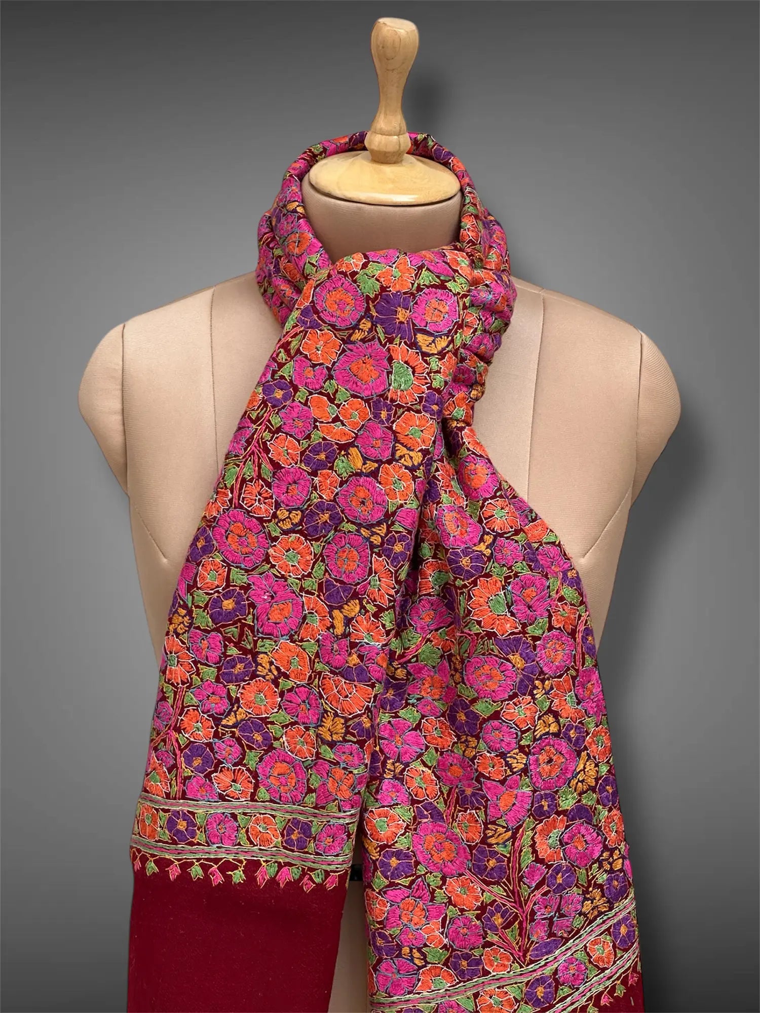 paper mache pashmina kashmiri maroon stole,  muffler close up