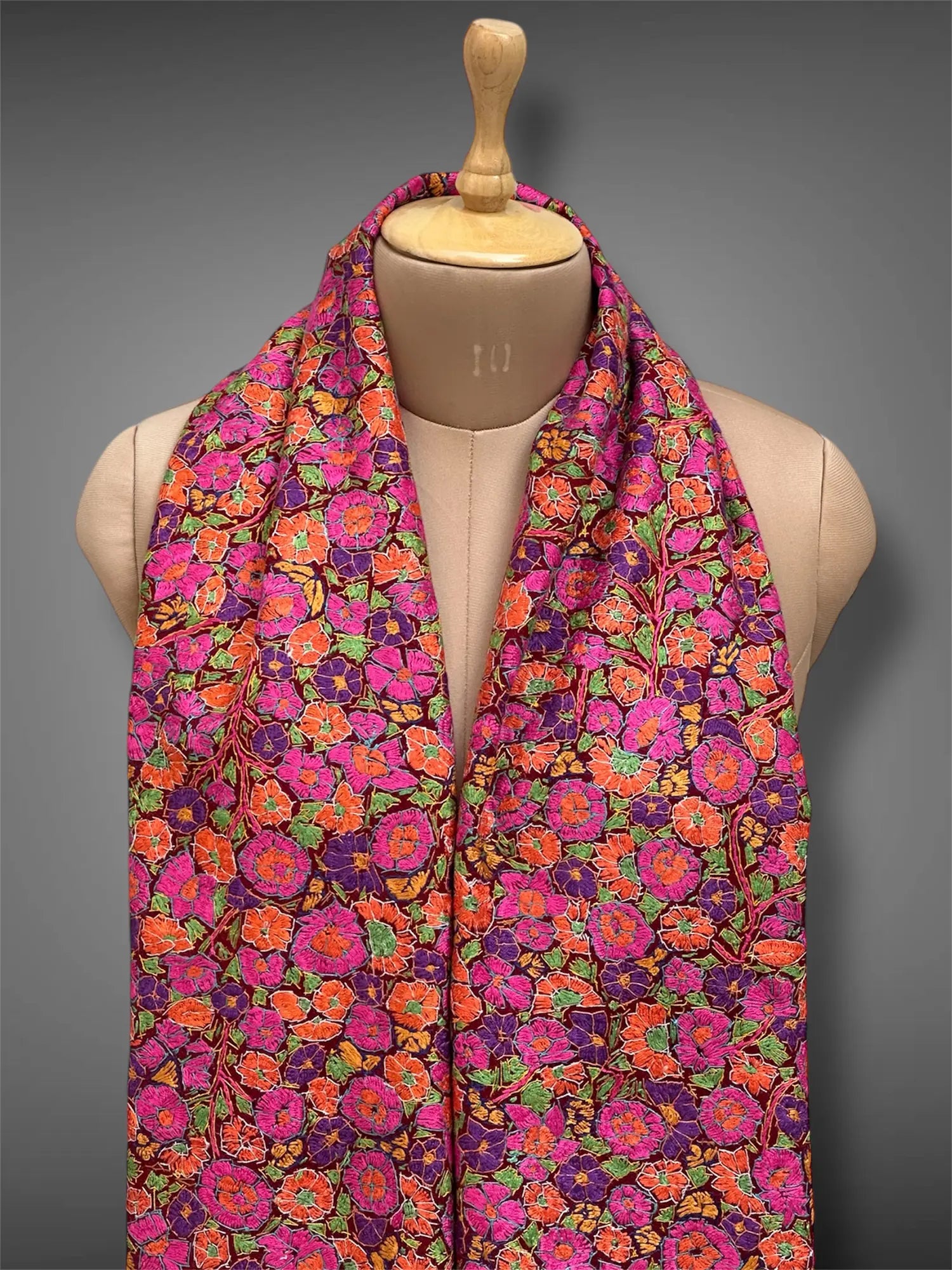 paper mache pashmina kashmiri maroon stole,  muffler close up 2