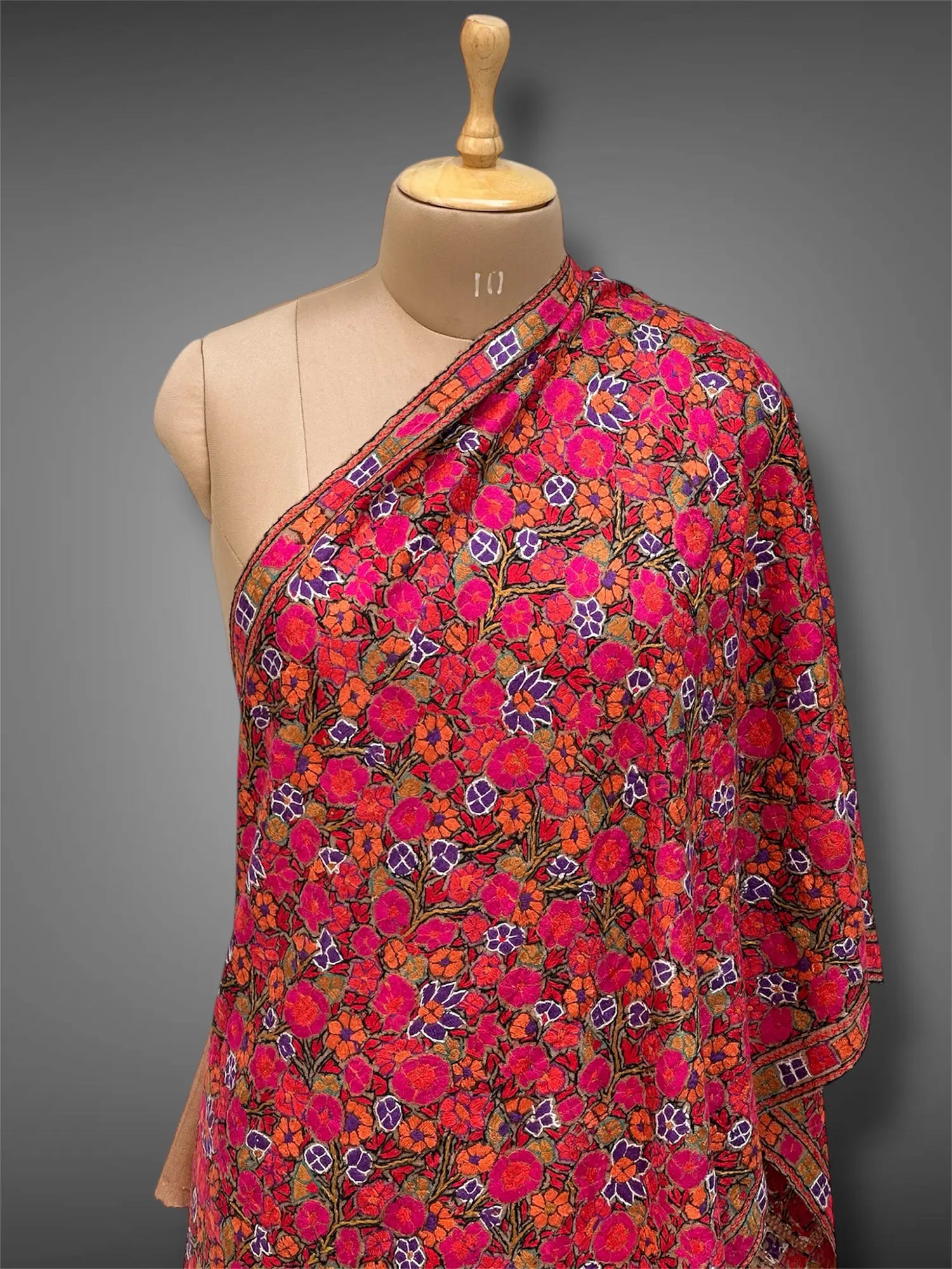 paper mache pashmina kashmiri mud brown stole,  front close up