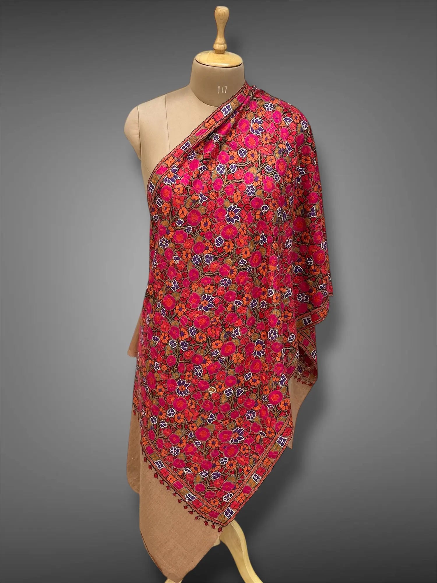 paper mache pashmina kashmiri mud brown stole,  front full