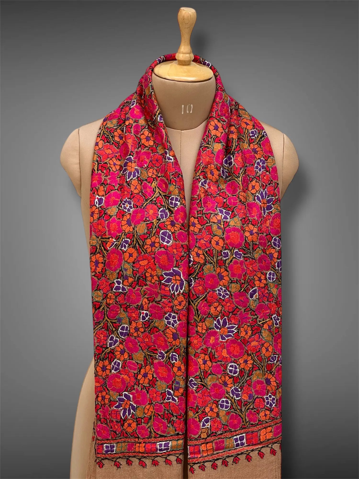 paper mache pashmina kashmiri mud brown stole,  muffler close up 2