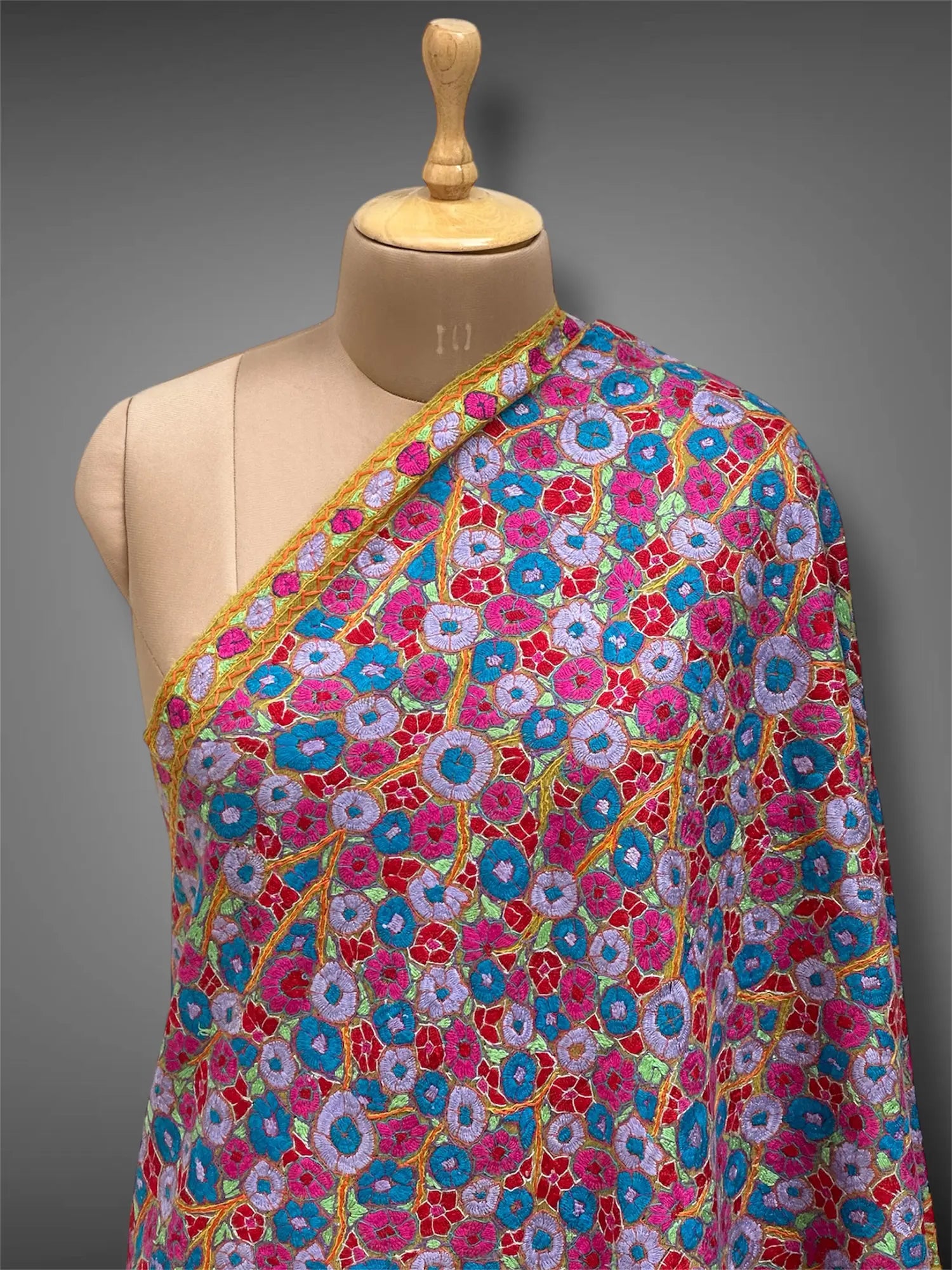 paper mache pashmina kashmiri mustard yellow stole,  front close up