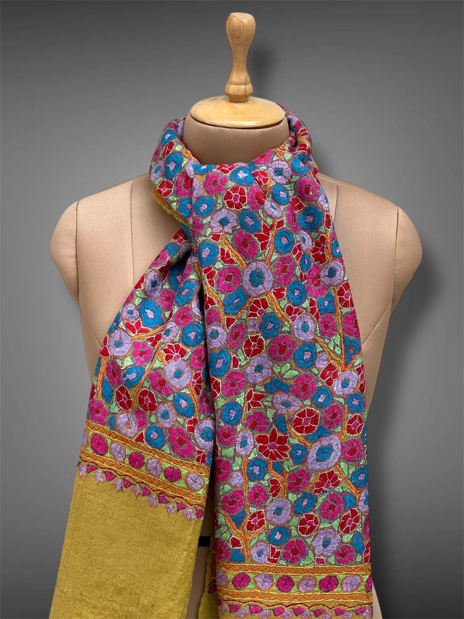 paper mache pashmina kashmiri mustard yellow stole,  muffler close up