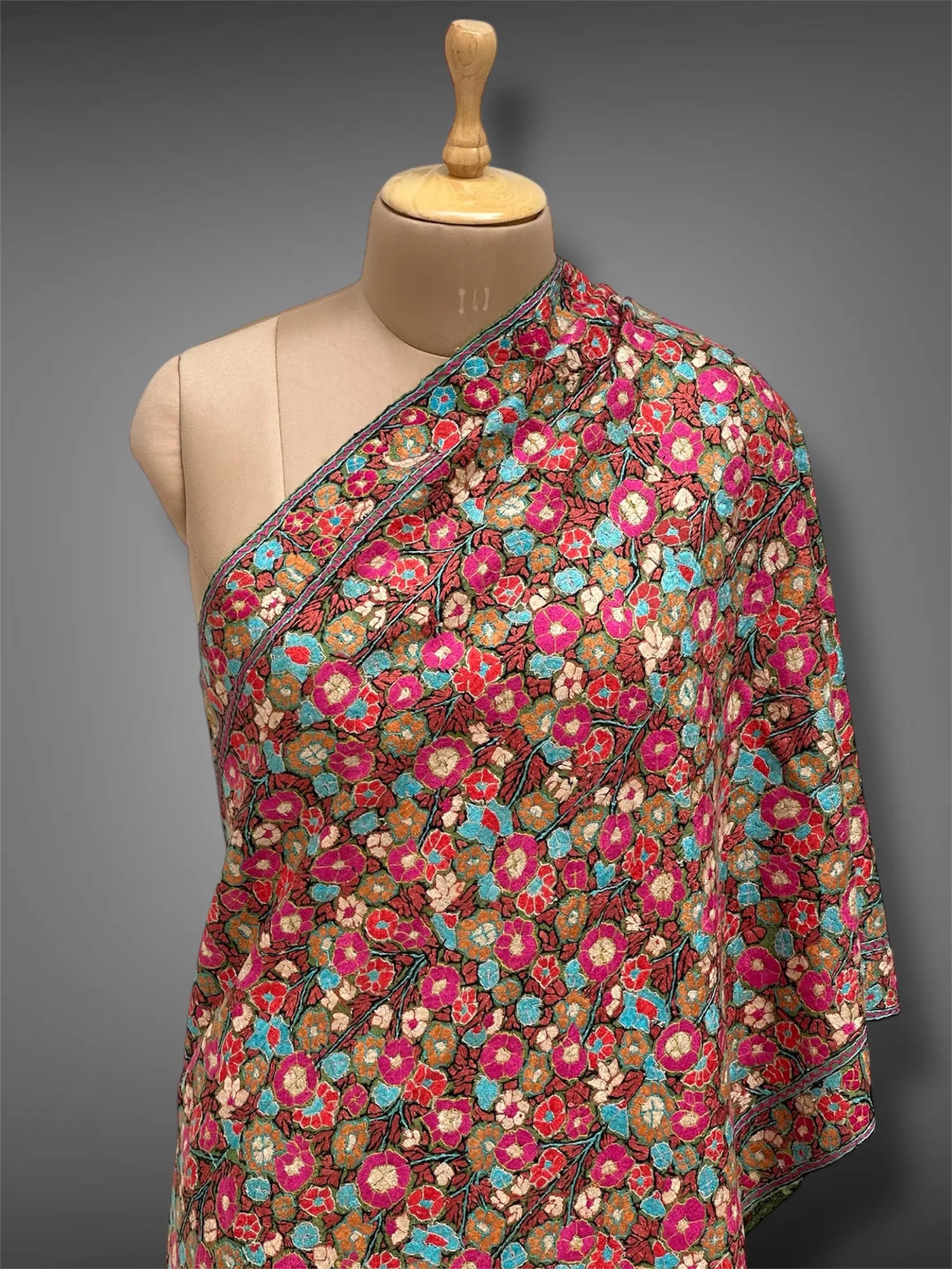 paper mache pashmina kashmiri olive green stole,  front close up