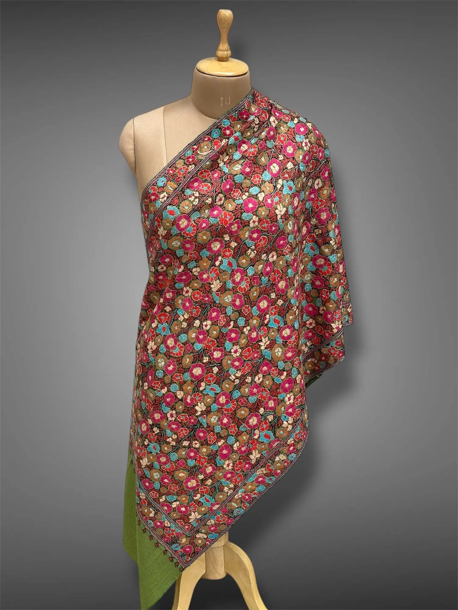 paper mache pashmina kashmiri olive green stole,  front full