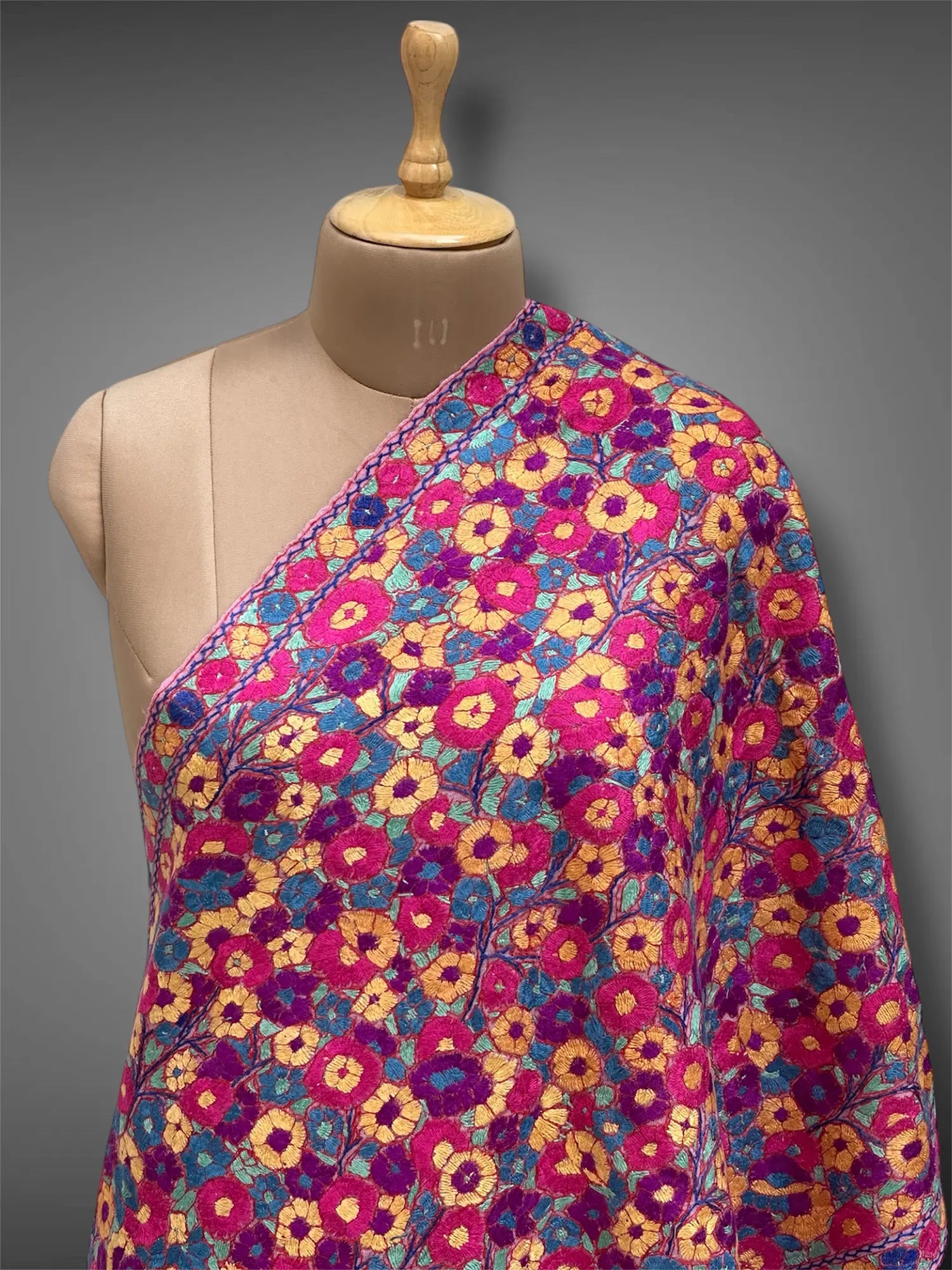 paper mache pashmina kashmiri rich pink stole,  front close up