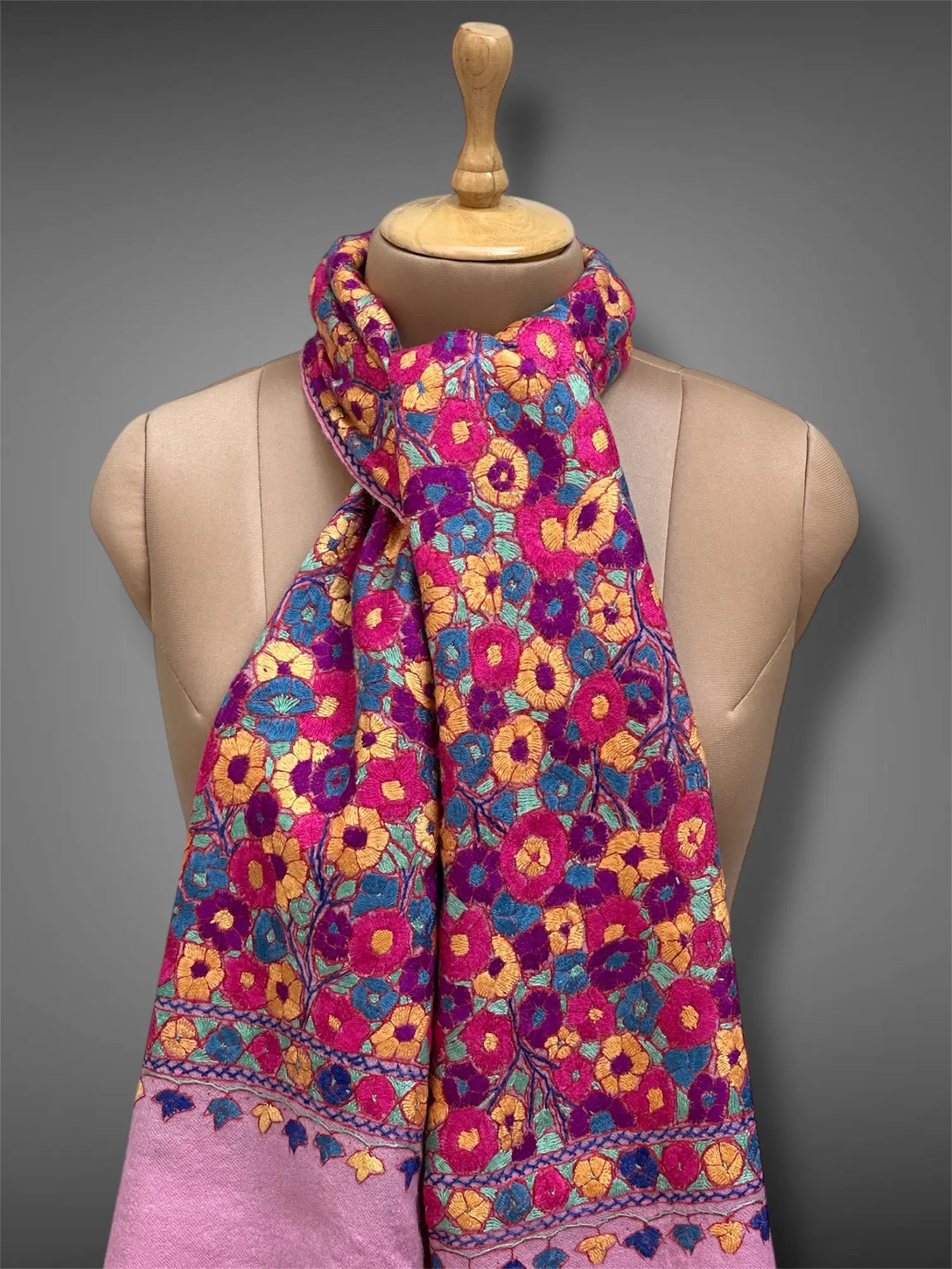 paper mache pashmina kashmiri rich pink stole,  muffler close up