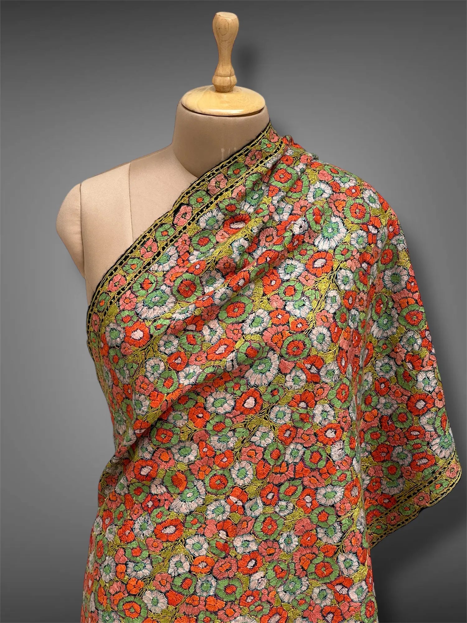 paper mache pashmina kashmiri black stole,  front close up