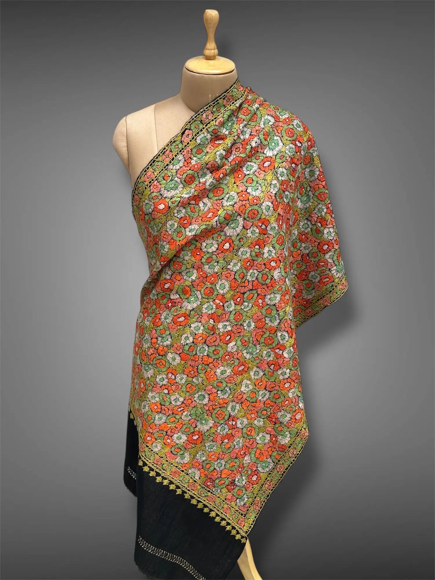 paper mache pashmina kashmiri black stole,  front full