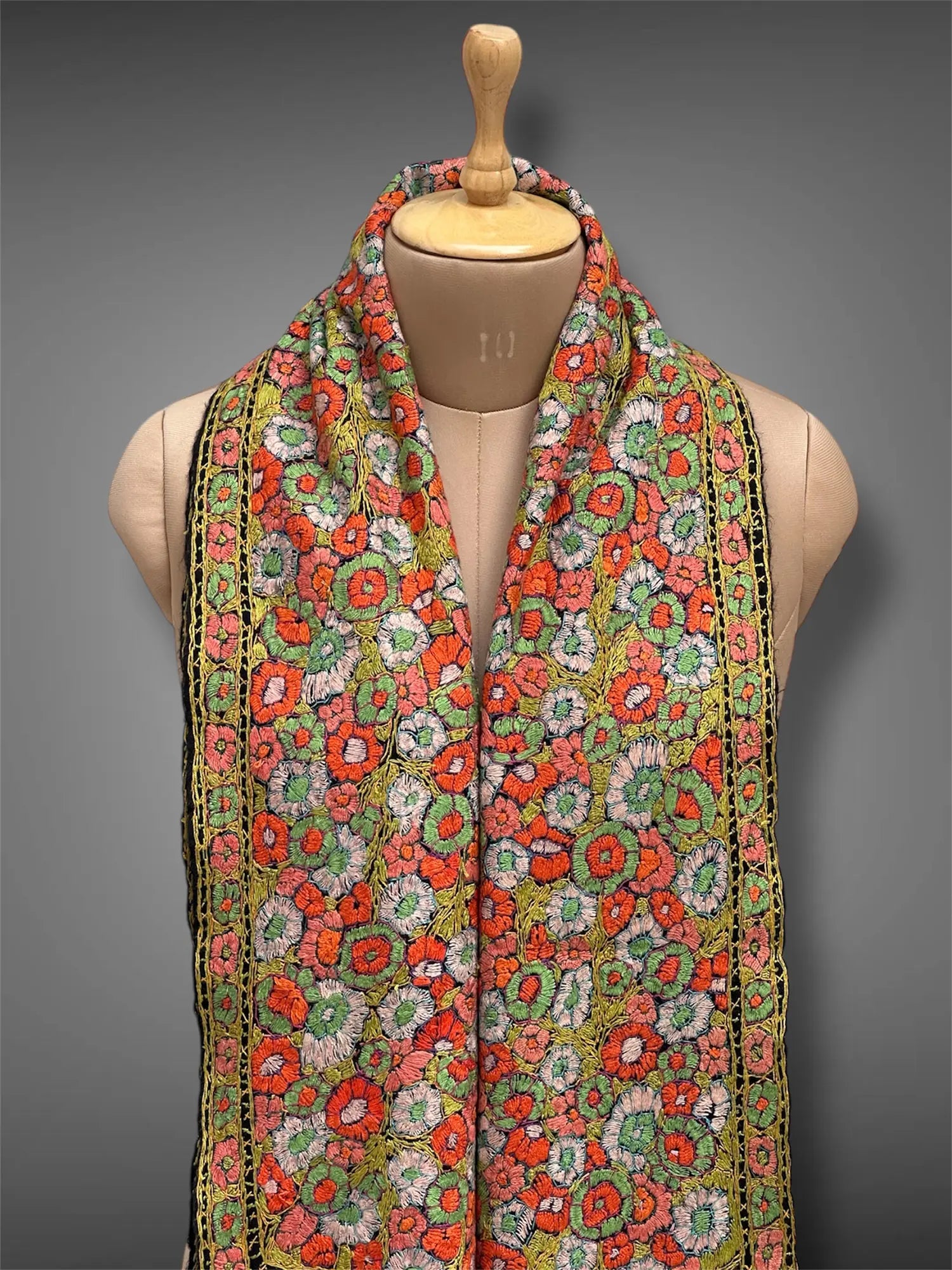 paper mache pashmina kashmiri black stole,  muffler close up 2