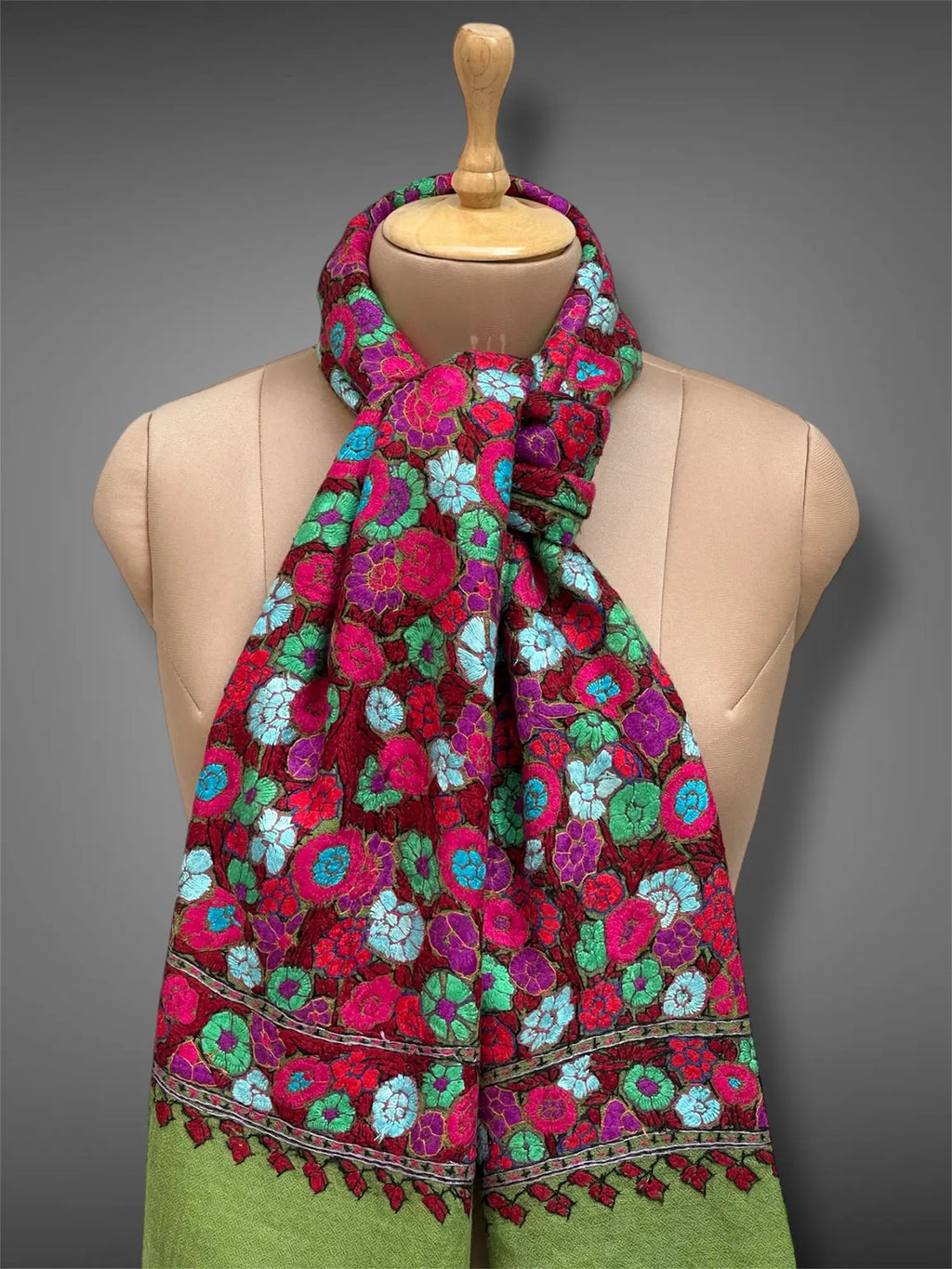 paper mache pashmina kashmiri emerald green stole,  muffler close up