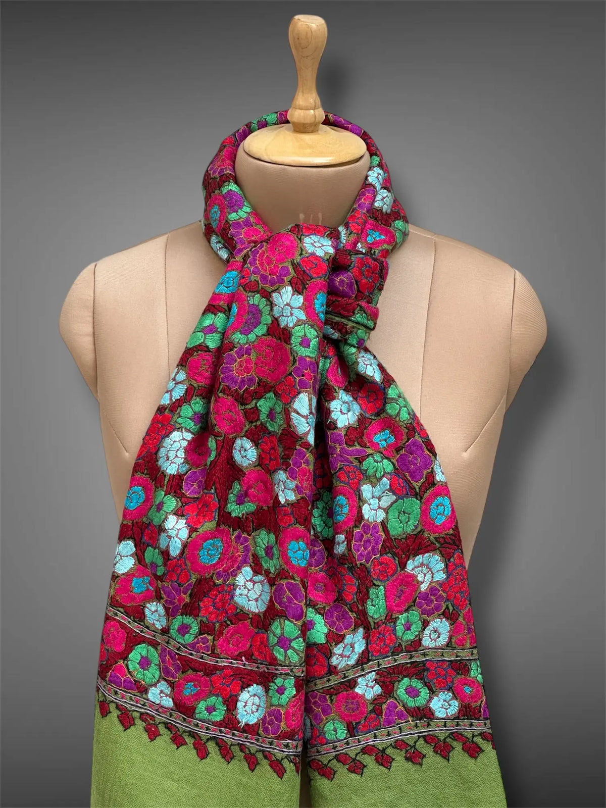 paper mache pashmina kashmiri emerald green stole,  muffler close up