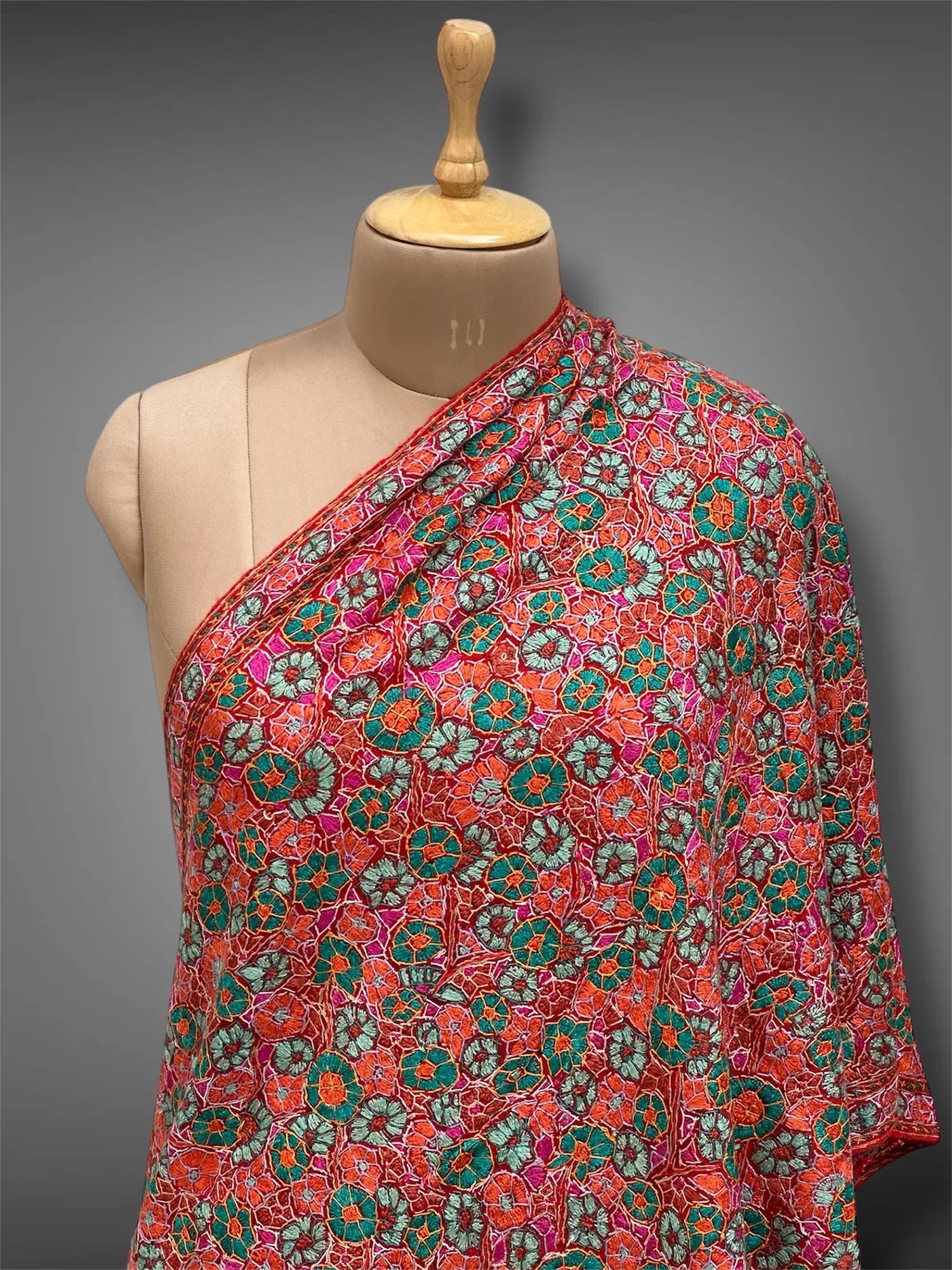 paper mache pashmina kashmiri rich red stole,  front close up