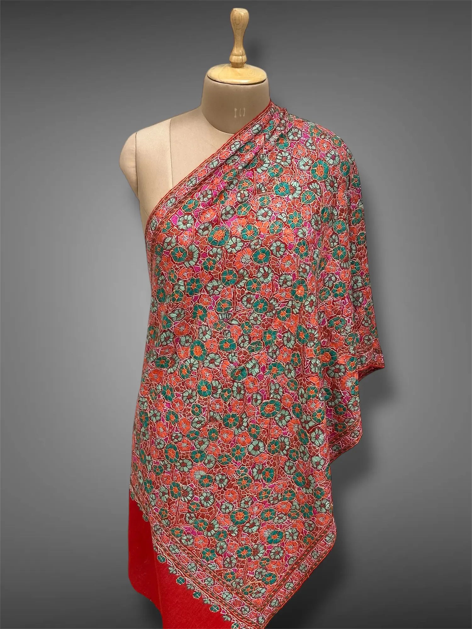 paper mache pashmina kashmiri rich red stole,  front full