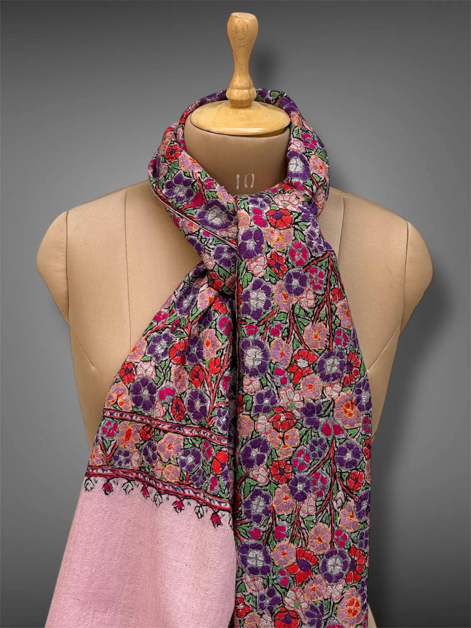 paper mache pashmina kashmiri baby pink stole,  muffler close up